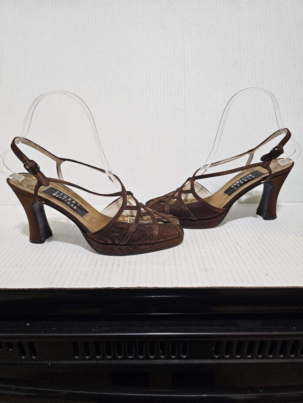 Vintage Stuart Weitzman Brown Satin Strappy Slingback Peep Toe Party Shoes 6.5